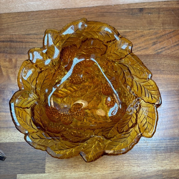 Amber Candy Trinket Dish Logan Berry Pattern Tidbit Bowl Glass Vintage 7” x 2” - Picture 3 of 7